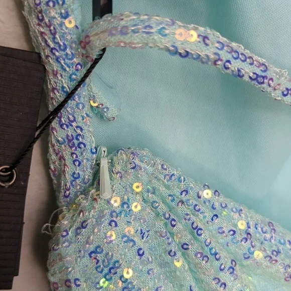 Ieena For Mac Duggal Gown Womens Size 0 Icey Blue Dress Sequined One Shoulder - Picture 14 of 15